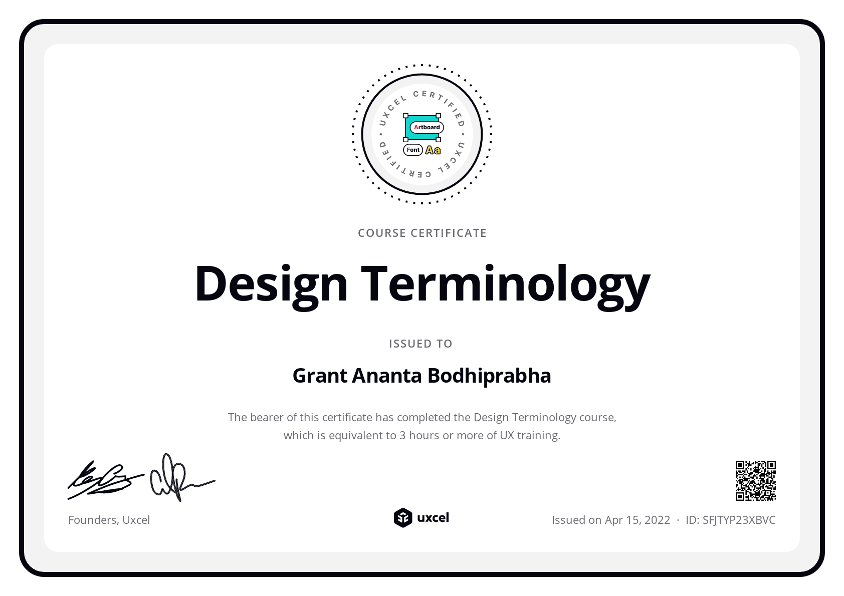 Grant Ananta Bodhiprabha's certificate